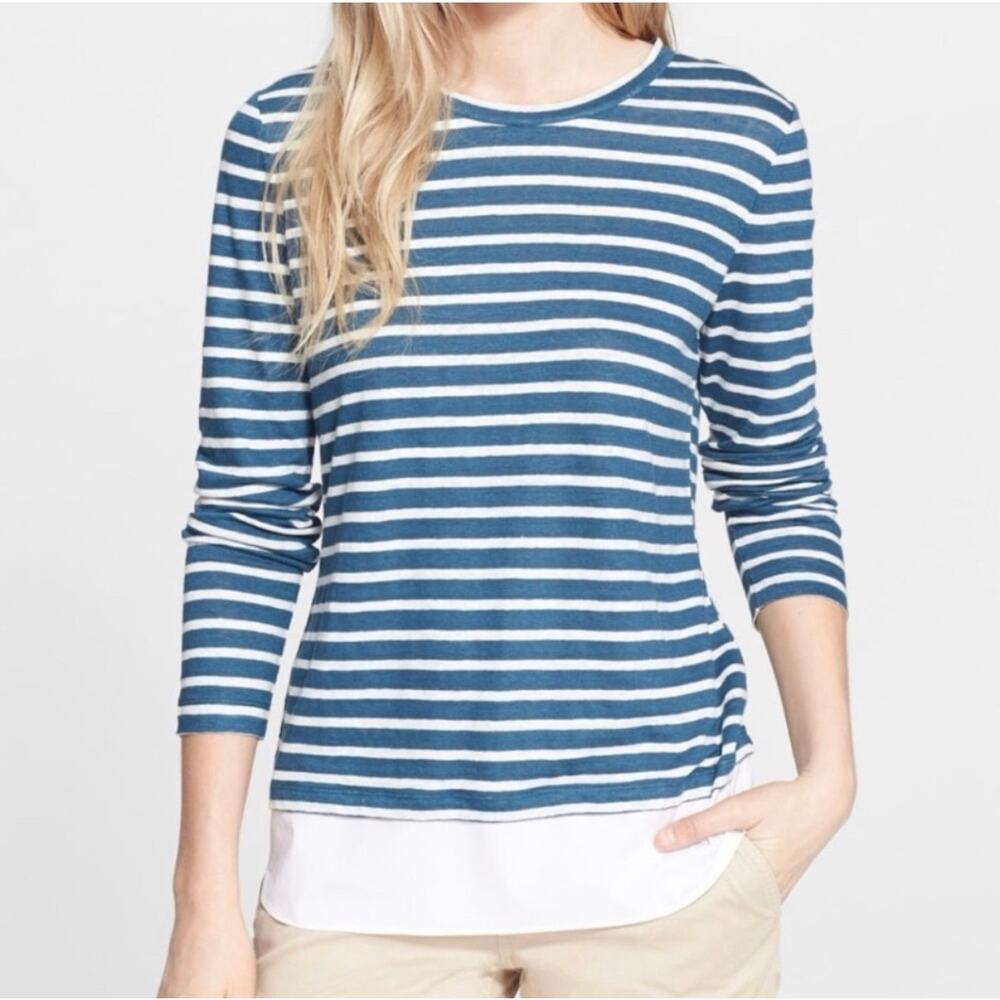 Tory Burch Linen Jersey Pullover Top Blue Peninsula Striped Size Medium Coastal